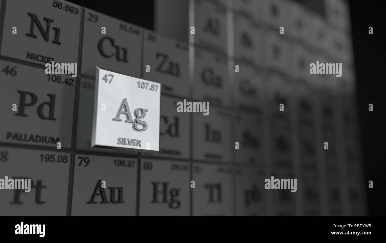 Tavola periodica concetto con cubetti. argento elemento selezionato. 3d illustrazione Foto Stock