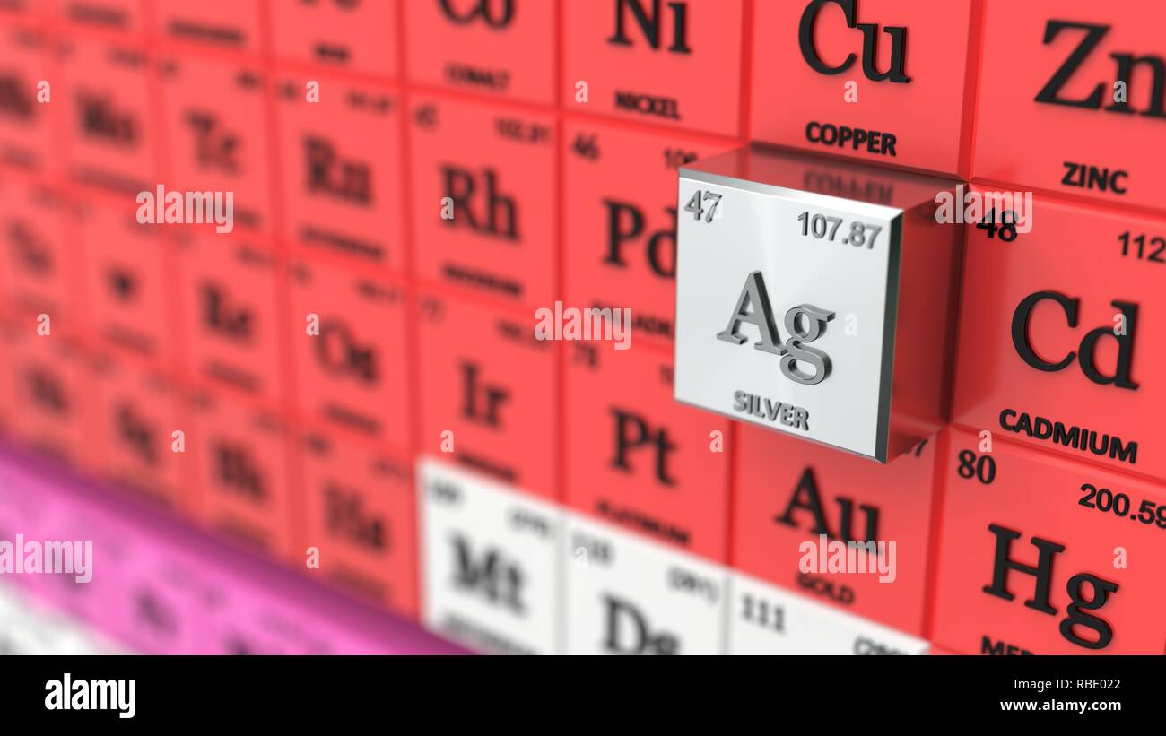 Tavola periodica concetto con cubi colorati. argento elemento selezionato. 3d illustrazione Foto Stock