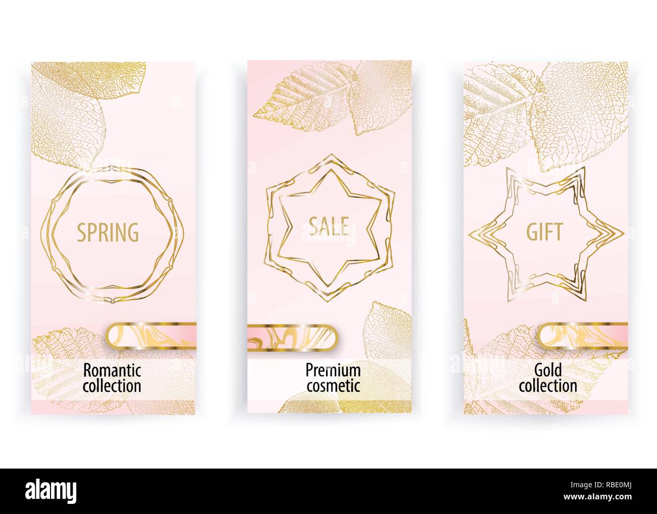 Rosa banner cosmetici con foglie dorate. Abstract sfondo vettoriale. Design pulito per uso cosmetico, Wedding, grandi magazzini, negozi. Illustrazione Vettoriale
