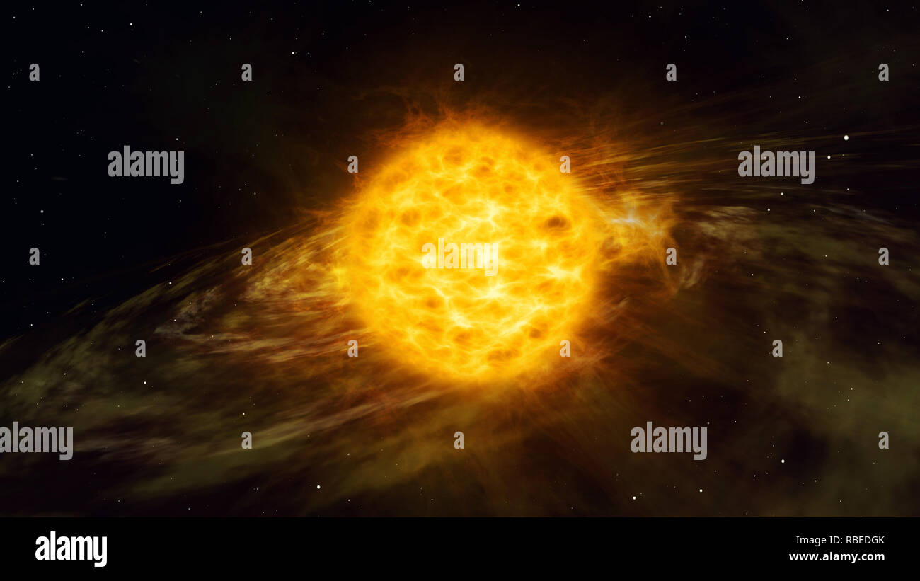 Il sole e il disco di accrescimento nello spazio. Cosmos concetto di esplorazione 3D'illustrazione. Foto Stock