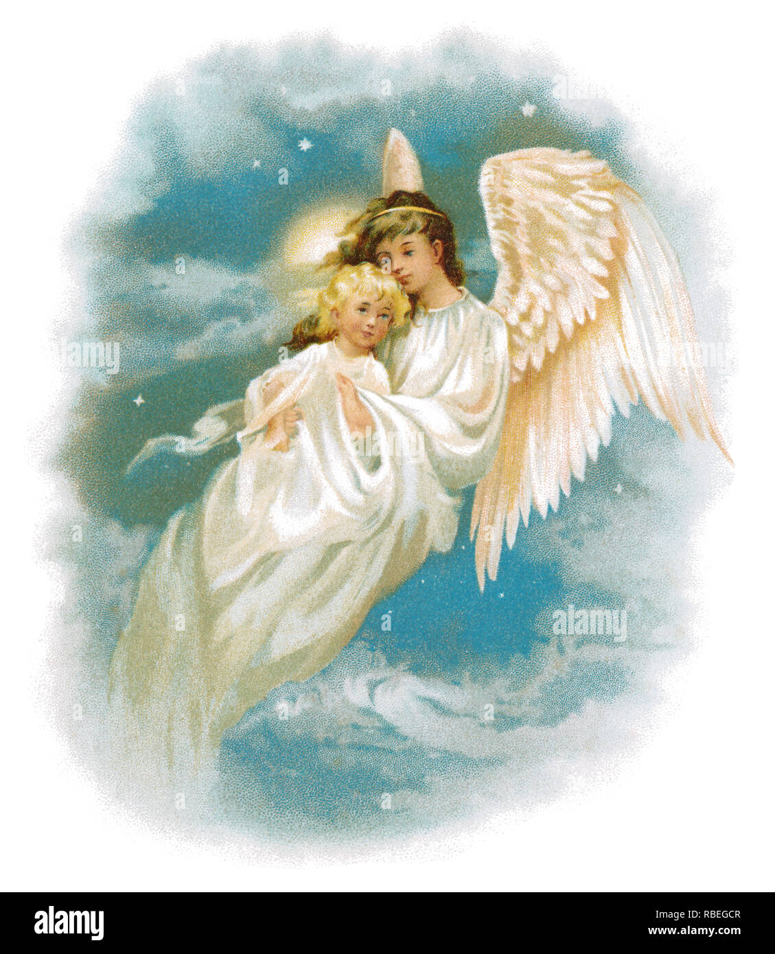 1893 sentimentale illustrazione Vittoriano di un angelo tenendo un bambino. Foto Stock