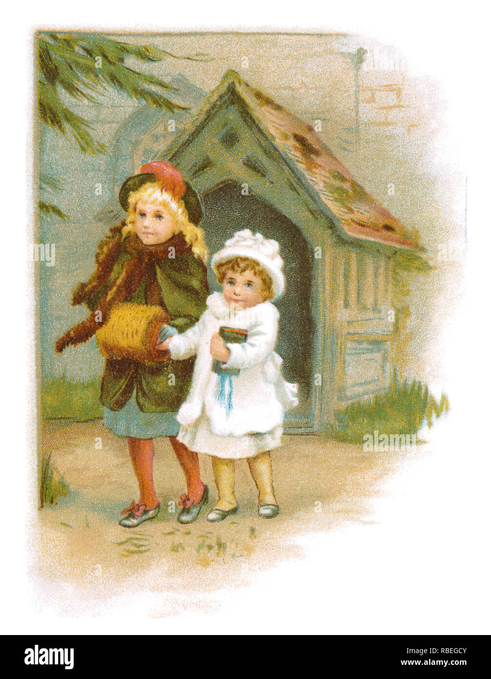 1893 Vittoriano sentimentale illustrazione di due bambini al di fuori di una chiesa. Foto Stock