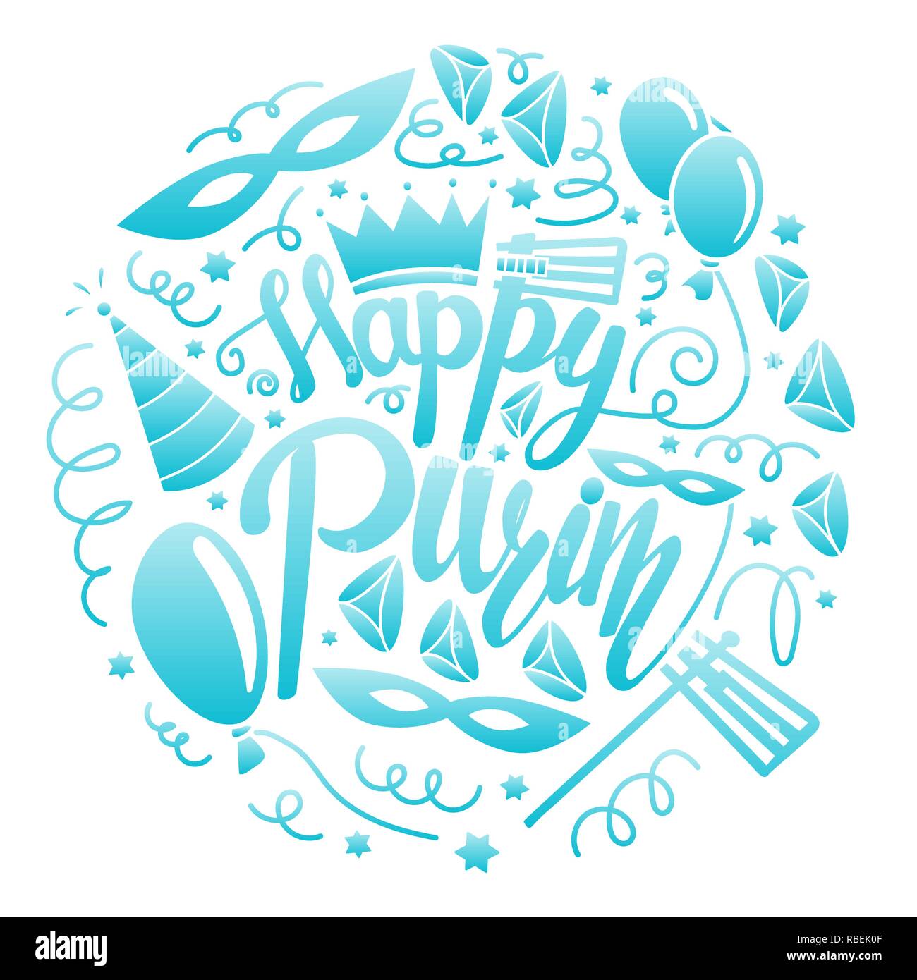 Felice festa di Purim bigliettino. Illustrazione Vettoriale con maschera di Carnevale, cappelli, corona, fanno rumore e hamantaschen. Il colore blu. Isolato su sfondo bianco Illustrazione Vettoriale