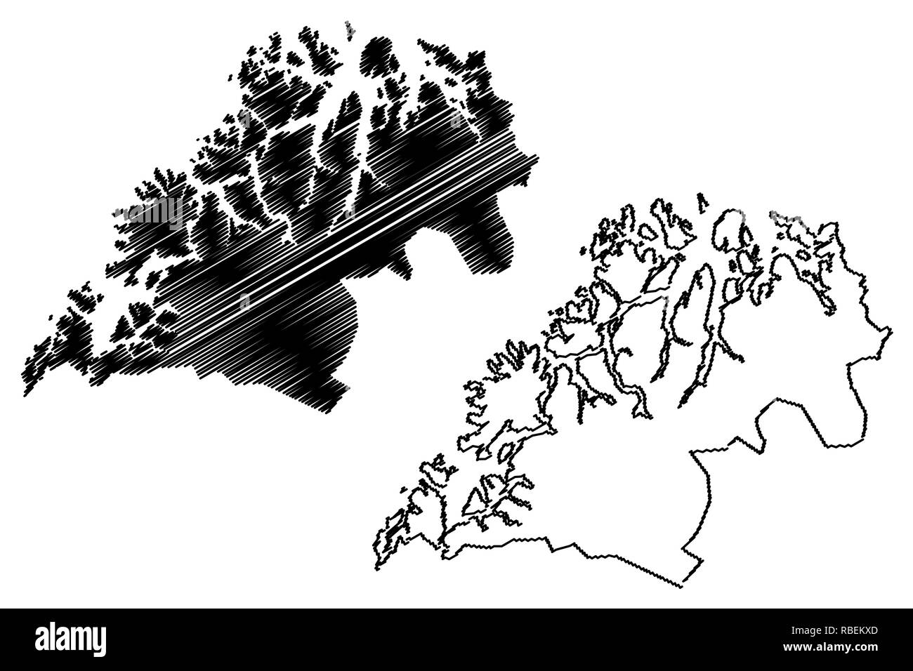 Tromsø (divisioni amministrative della Norvegia, il Regno di Norvegia) mappa illustrazione vettoriale, scribble schizzo Romsa fylke mappa Illustrazione Vettoriale