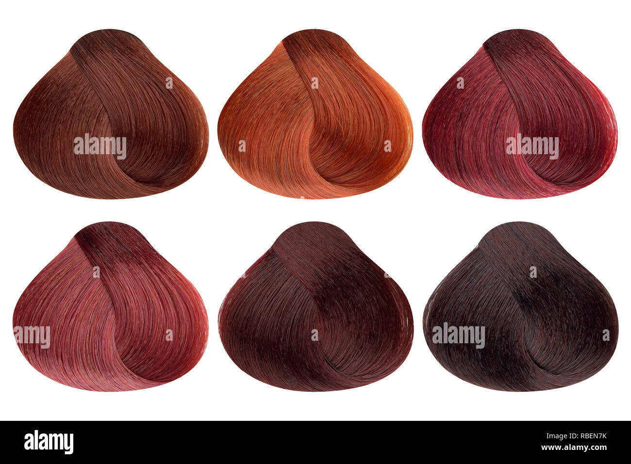 Set di blocchi di sei diversi capelli rossi dei campioni di colore (rame,  rame brillare, rosso rubino, granato, mogano corallo e mogano scuro), di  forma arrotondata, isolat Foto stock - Alamy
