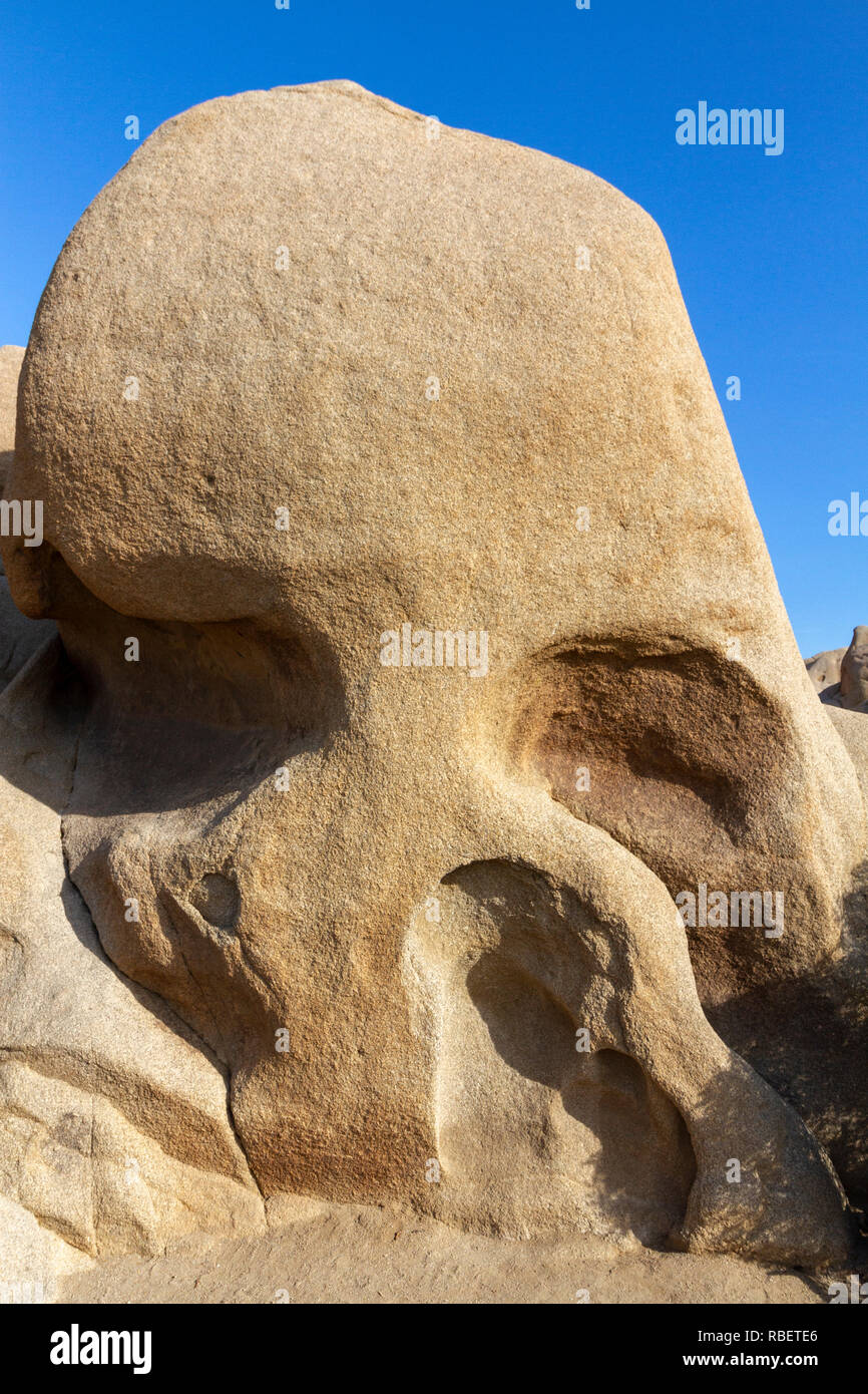 I visitatori a piedi passato cranio roccia a Joshua Tree National Park, California, Stati Uniti. Foto Stock