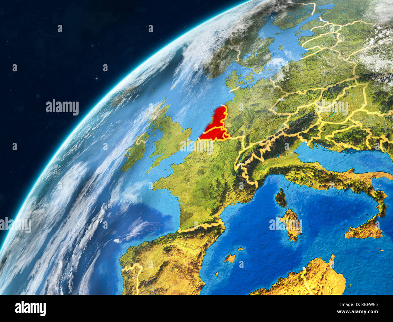Unione Benelux sul modello realistico del pianeta Terra con i confini e molto dettagliata della superficie planet e nuvole. 3D'illustrazione. Gli elementi di questo ho Foto Stock