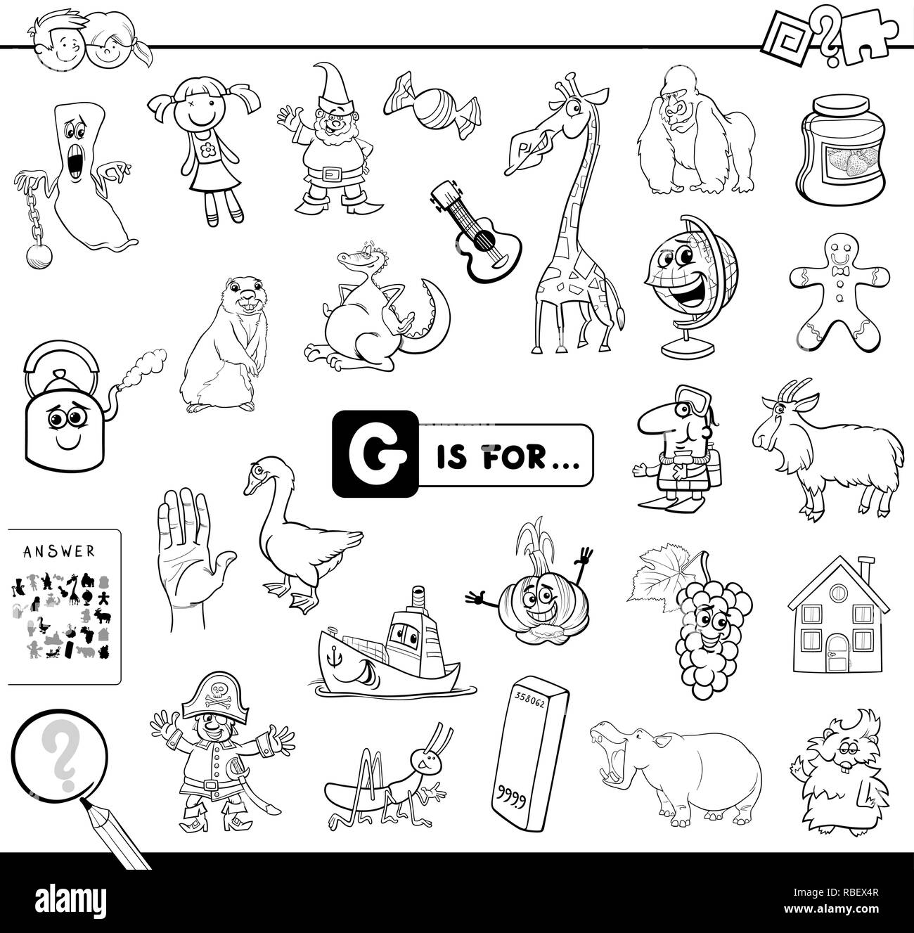 Bianco e Nero Cartoon illustrazione di trovare foto che iniziano con la lettera G Gioco educativo eserciziario per bambini Libro da colorare Illustrazione Vettoriale