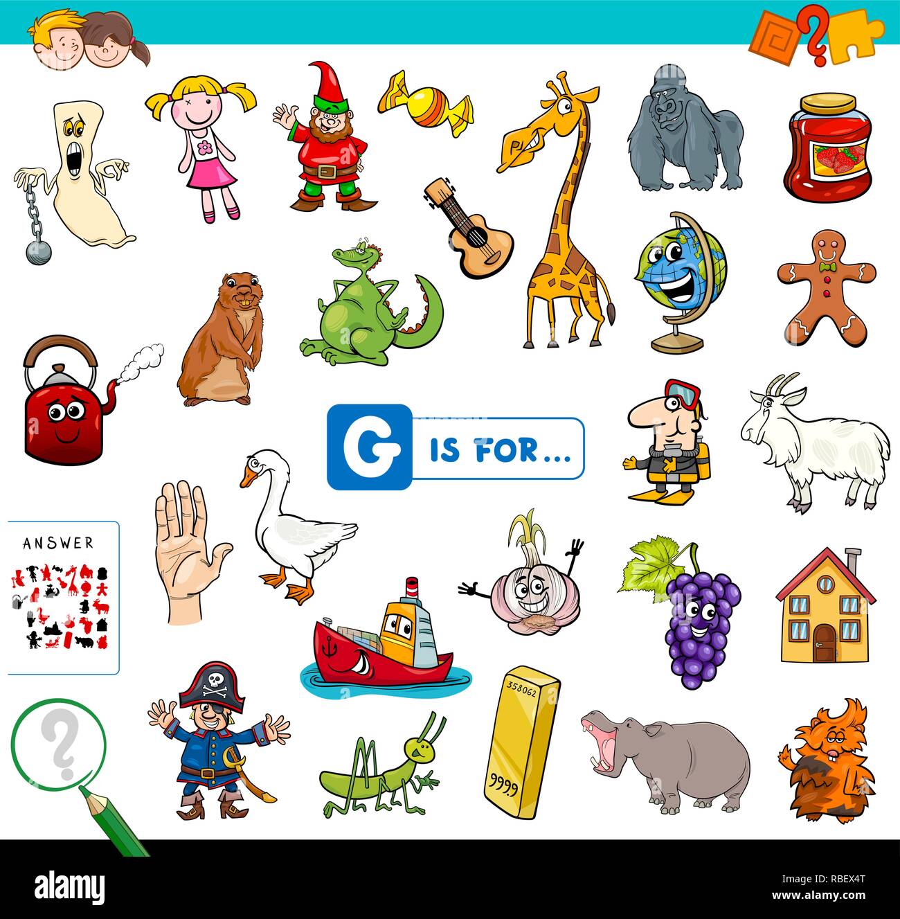 Illustrazione del fumetto di trovare foto che iniziano con la lettera G Gioco educativo eserciziario per i bambini Illustrazione Vettoriale