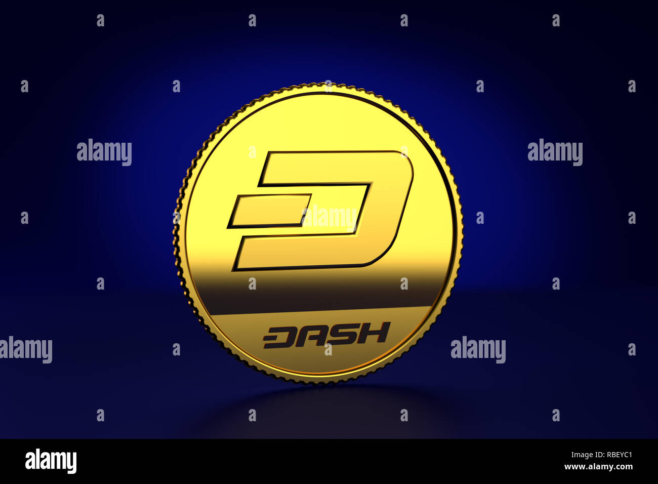 3D Render di un trattino crypto valuta Moneta sostituto contro sfondo blu scuro Foto Stock