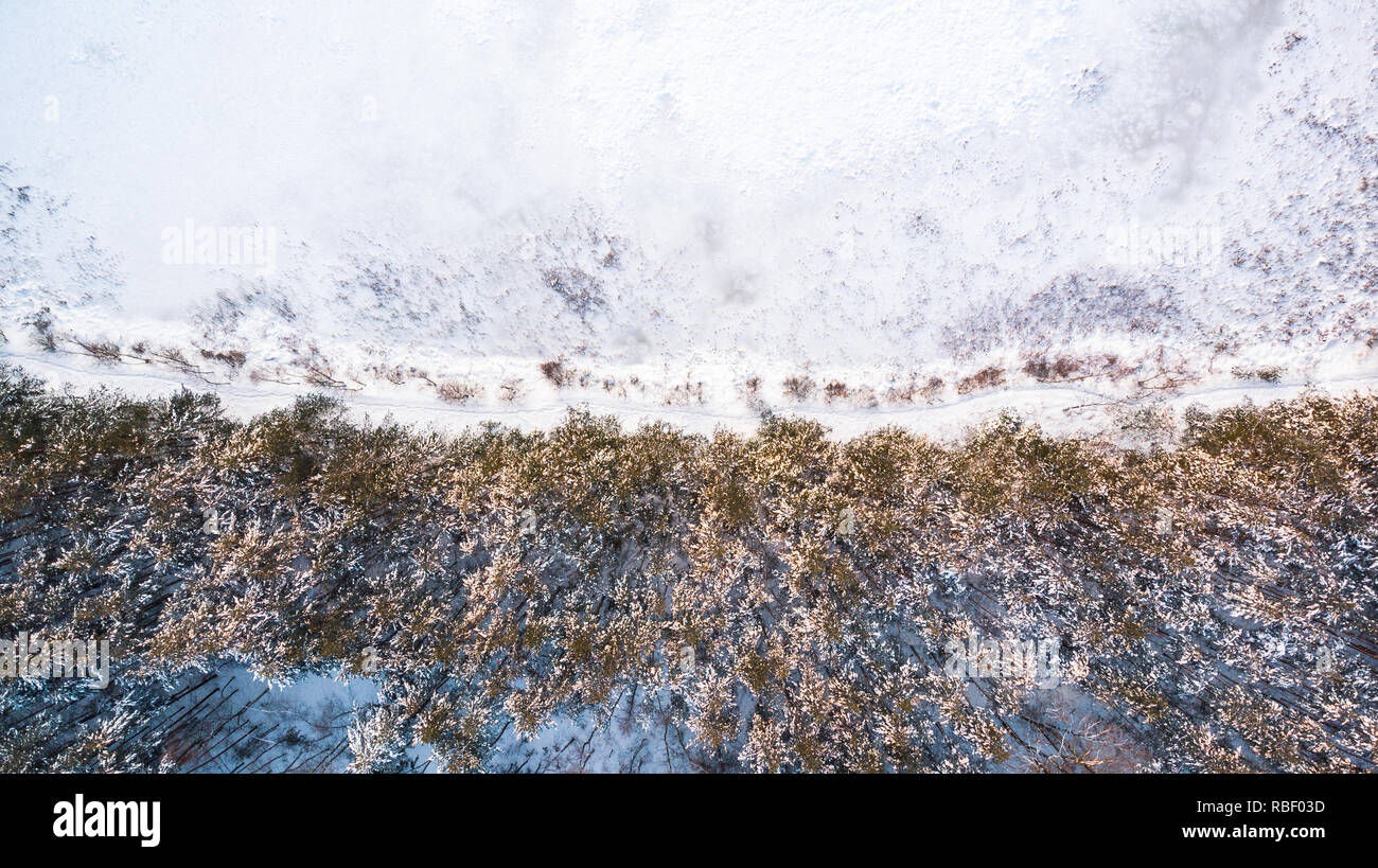 Lago ghiacciato di superficie e boschi innevati, foto aerea. top down drone vista. Foto Stock