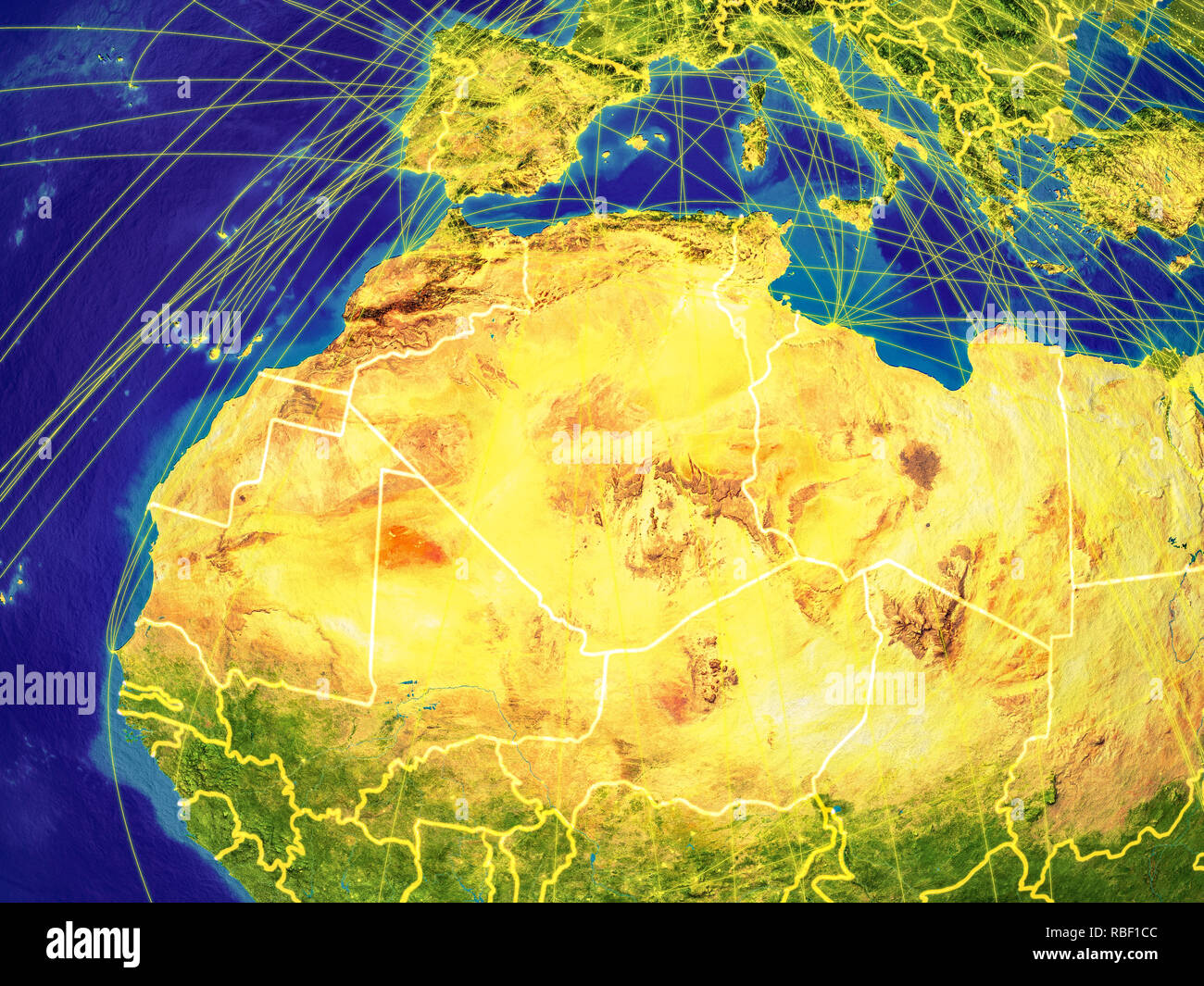 Regione del Maghreb dallo spazio sulla terra con i confini e le linee che rappresentano la comunicazione internazionale, viaggi, collegamenti. 3D'illustrazione. Elem Foto Stock