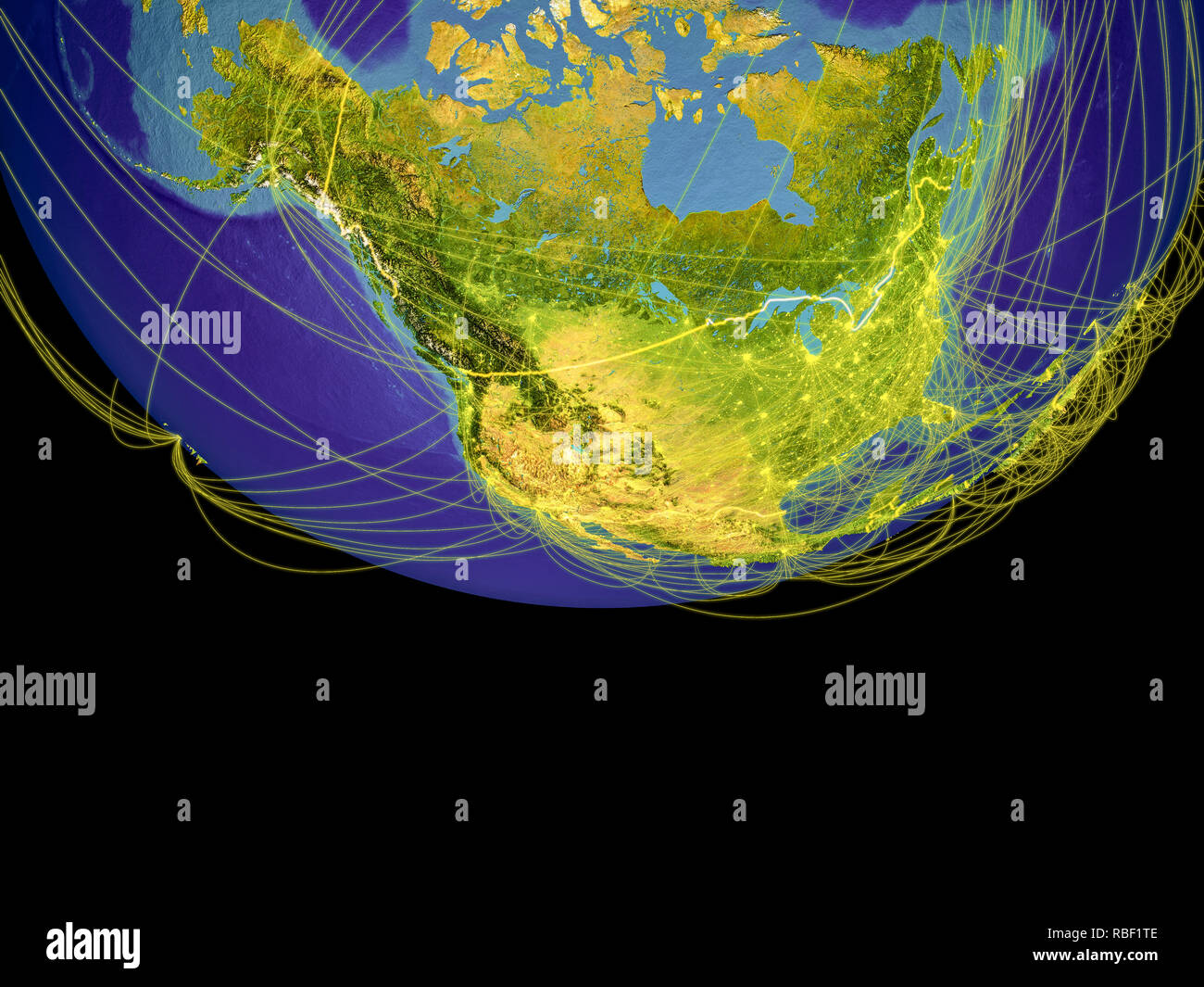 Nord America dallo spazio sulla terra con i confini e le linee, il concetto di comunicazione, viaggi, collegamenti. 3D'illustrazione. Gli elementi di questo ima Foto Stock