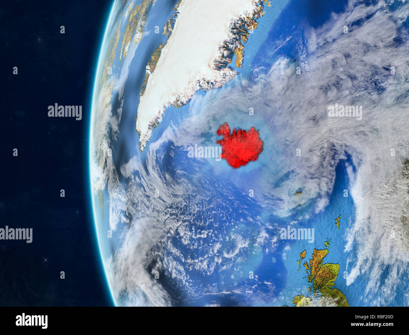 Islanda da spazio sul modello del pianeta Terra con i confini e molto dettagliata della superficie planet e nuvole. 3D'illustrazione. Gli elementi di questa immagine Foto Stock