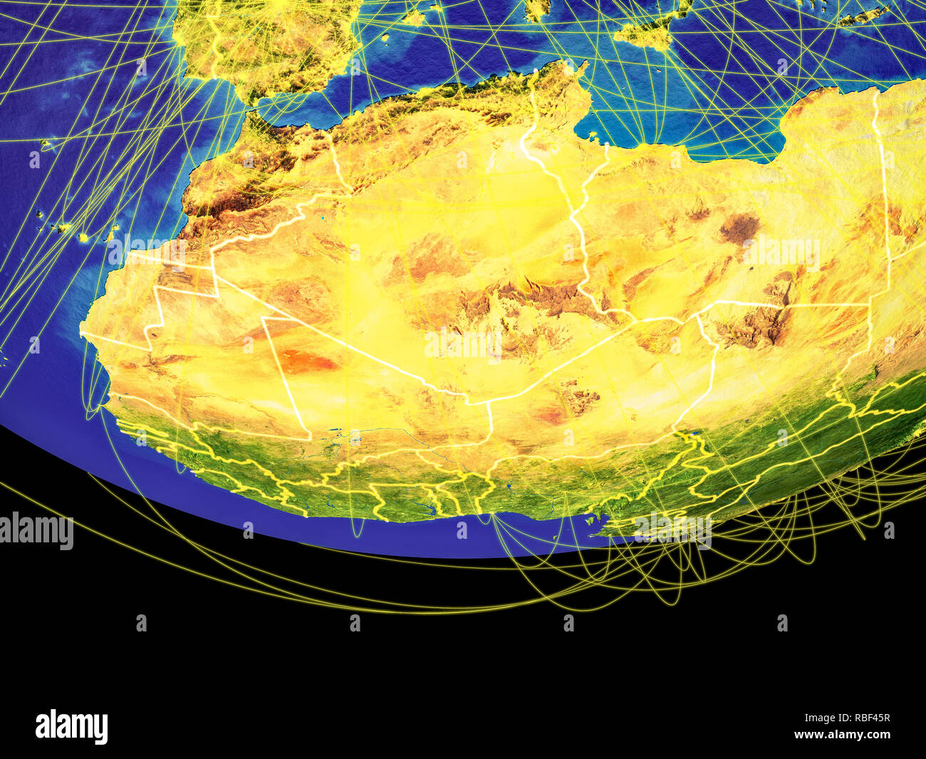 Regione del Maghreb dallo spazio sulla terra con i confini e le linee, il concetto di comunicazione, viaggi, collegamenti. 3D'illustrazione. Gli elementi di questo im Foto Stock