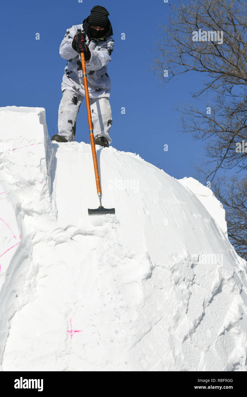 Harbin, la Cina della Provincia di Heilongjiang. Decimo gen, 2019. Un concorrente crea una scultura di neve durante il ventiquattresimo Harbin International Concorso di sculture in neve a Sun Island International Snow Sculpture Art Expo park di Harbin, capitale del nord-est della Cina di Provincia di Heilongjiang, 10 gennaio, 2019. Il concorso di sculture in neve iniziato qui il giovedì, attirando 29 squadre provenienti da 19 paesi e regioni. Credito: Wang Song/Xinhua/Alamy Live News Foto Stock