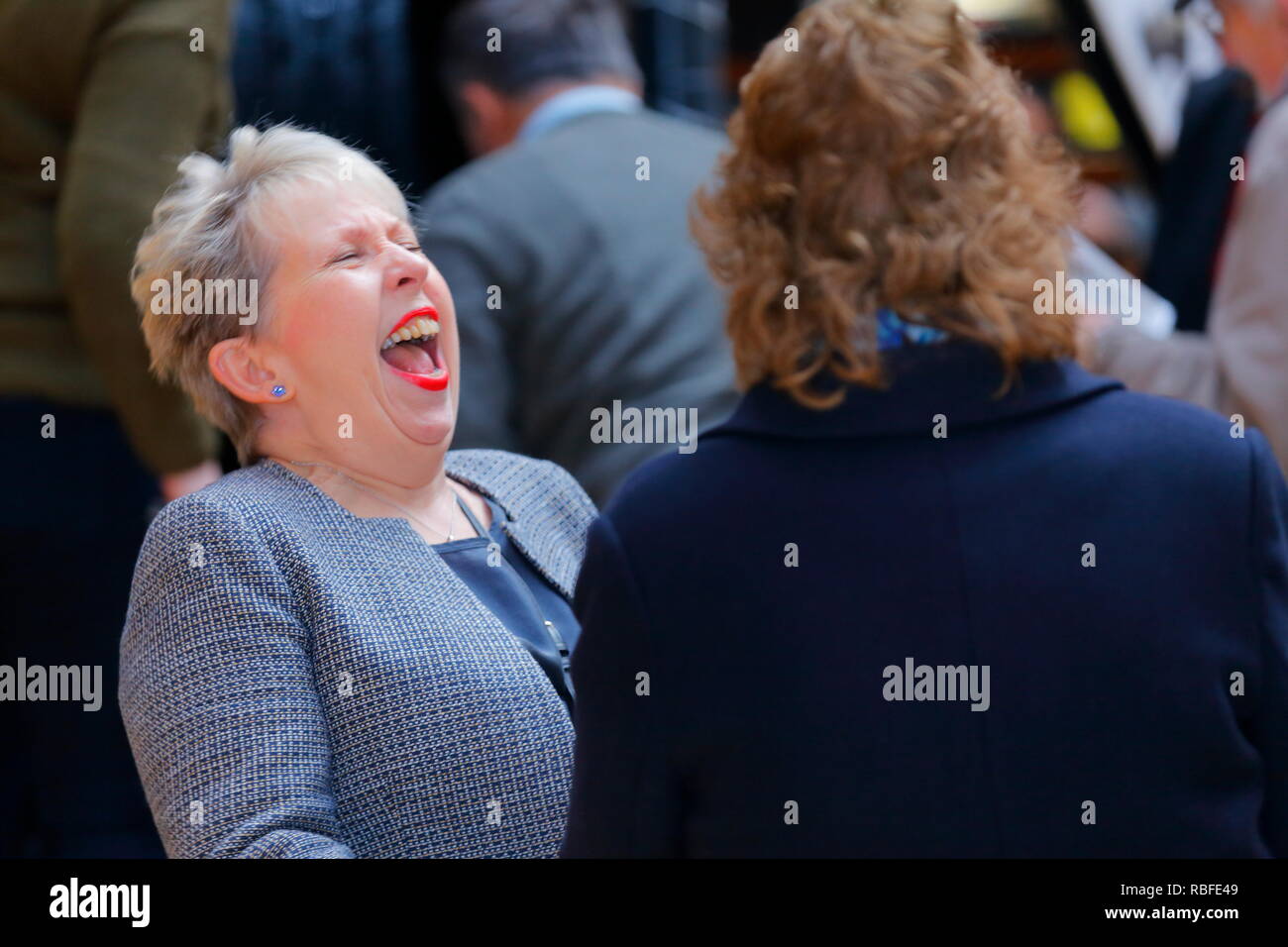 Leeds, West Yorkshire, Regno Unito. Decimo gen, 2019. Inaugurazione di una targa blu in Leeds Corn Exchange per commemorare la prima donna nello Yorkshire per diventare un MP. Svelata dalla Yorkshire MP Rachel Reeves & Leeds Assessore Judith Blake. Credito: Yorkshire Pics/Alamy Live News Foto Stock