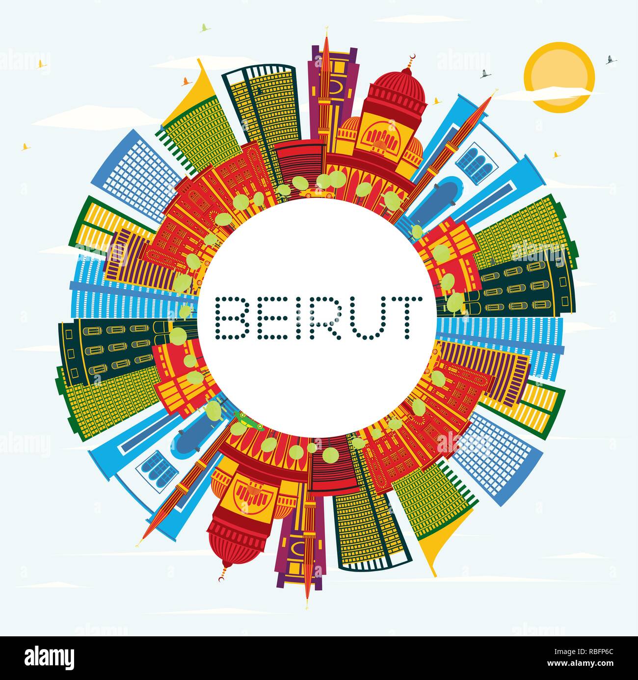 Beirut Libano skyline della città con edifici di colore, il blu del cielo e spazio di copia. Illustrazione Vettoriale. Viaggi di affari e turismo Concept. Illustrazione Vettoriale