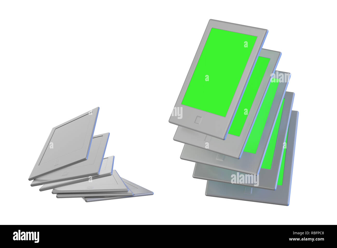Gruppo di elettronica moderna libri tascabili, isolato su bianco con greenscreen immagine e copyspace mockup 3d illustrazione Foto Stock