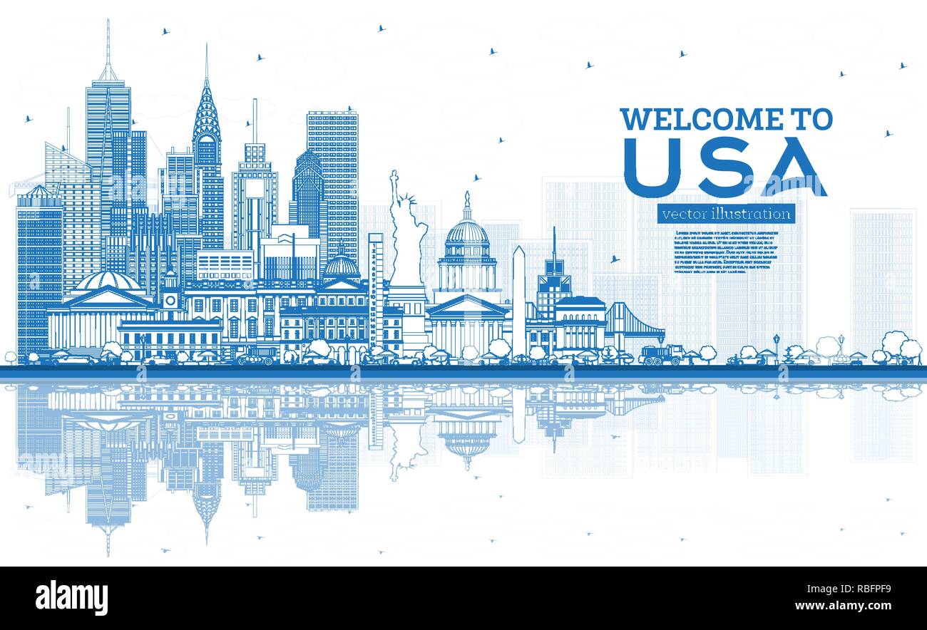 Profilo Benvenuto a Stati Uniti Skyline con edifici blu e riflessi. Attrazioni famose a STATI UNITI D'AMERICA. Illustrazione Vettoriale. Illustrazione Vettoriale