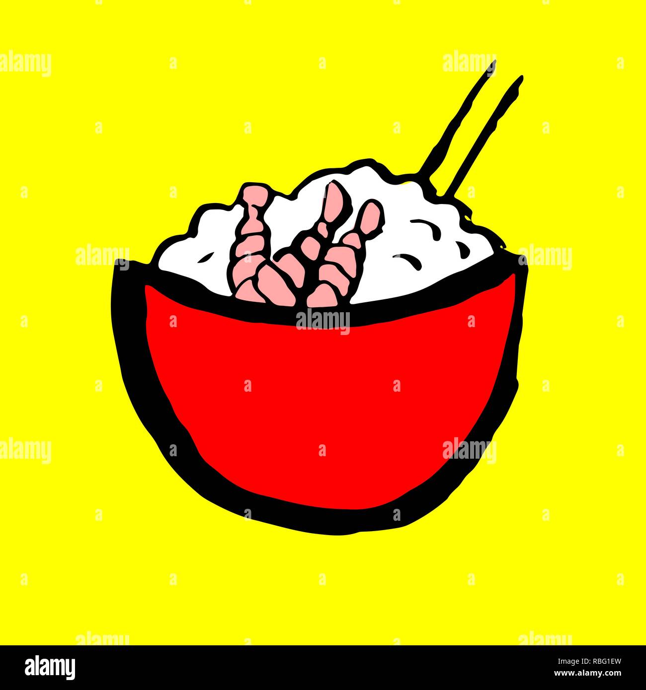 Riso con icona di gamberi. Grunge spazzola di inchiostro illustrazione vettoriale. Cibo illustrazione piana. Illustrazione Vettoriale