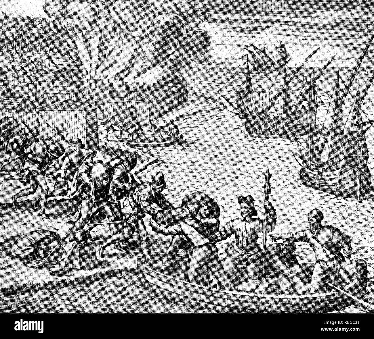Conquista dell'impero Inca dal conquistador spagnolo Francisco Pizarro nel XVI secolo: soldati spagnoli spostare il loro bottino a bordo di navi Foto Stock
