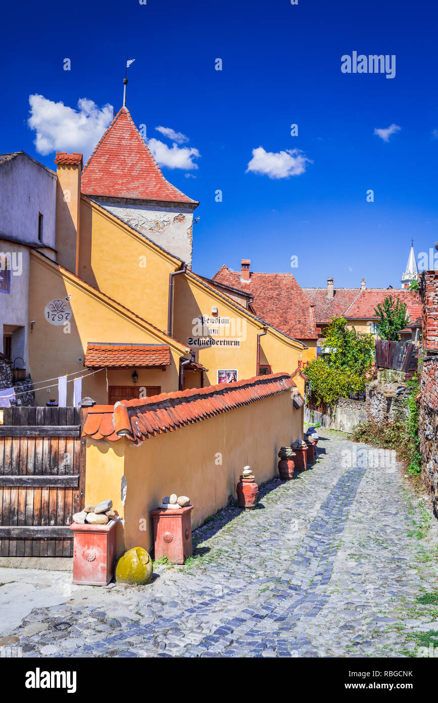 Sighisoara, Transilvania. Medievale famosa città fortificata costruita dai Sassoni in Romania. Foto Stock