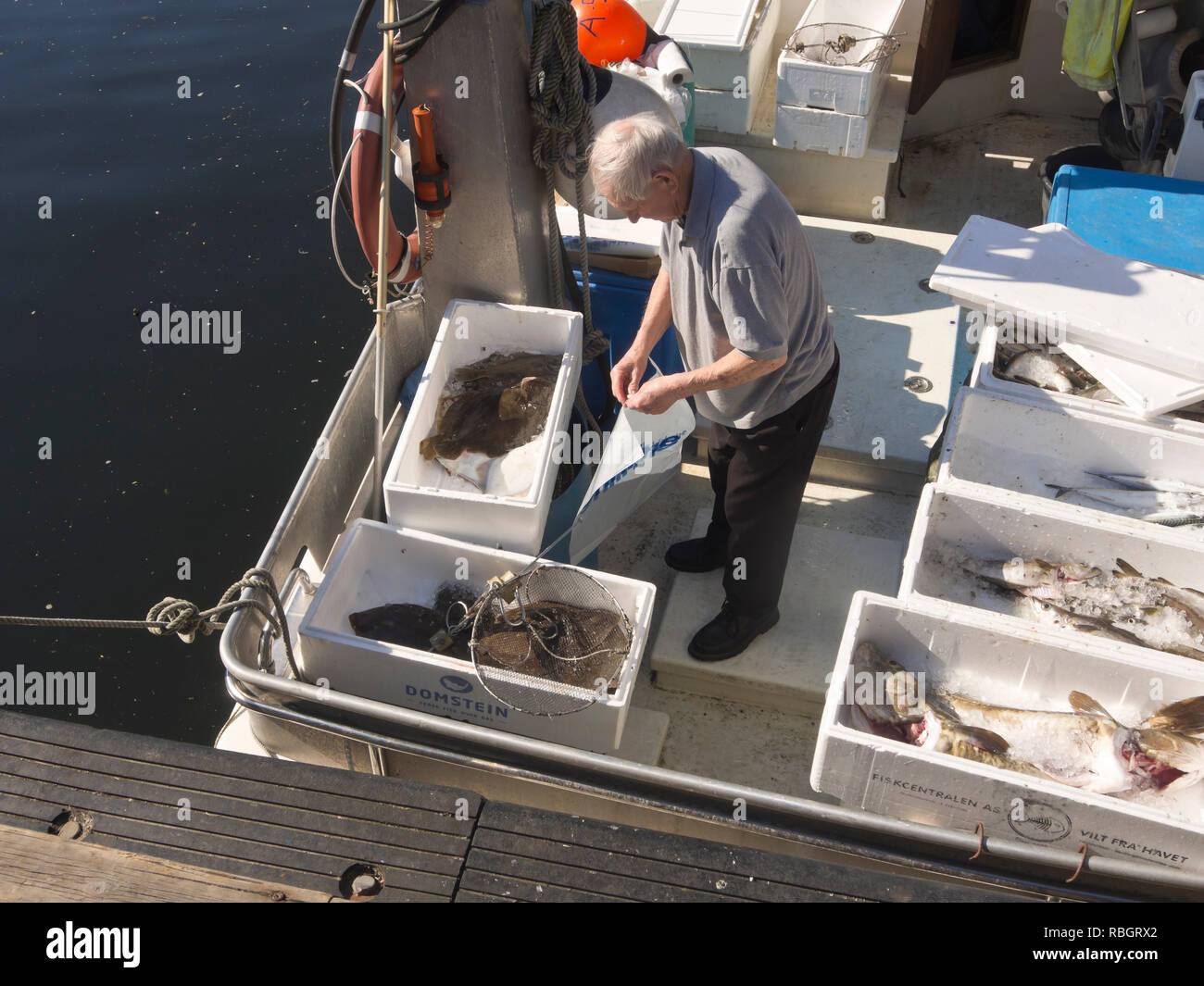 Pescatore locale nella sua barca vendere il pescato del giorno direttamente dal fiordo di Oslo nel porto centrale nella capitale norvegese Foto Stock