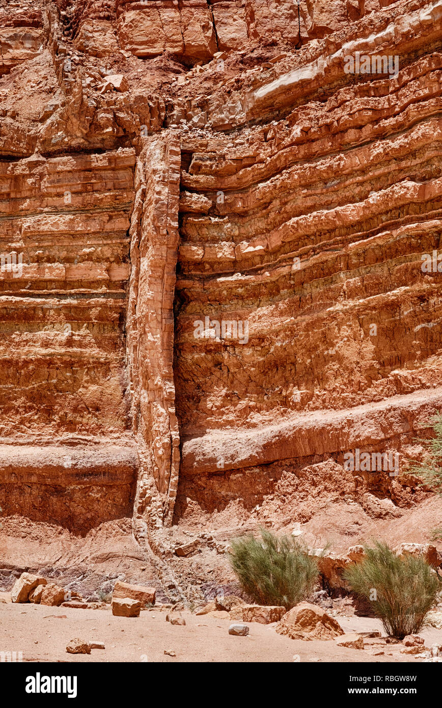 Un pilastro della cremagliera di basalto da un milione di anni il flusso di lava divide in due strati di pietra arenaria rossa rocce del cratere Ramon in Israele. Foto Stock