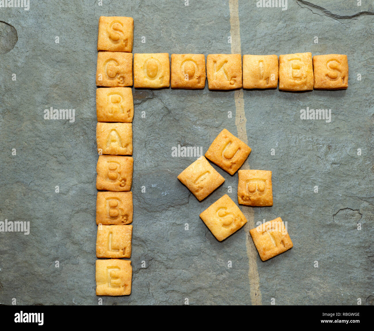 I cookie di Scrabble - parole di scrabble realizzati dai biscotti / cookies. Foto Stock