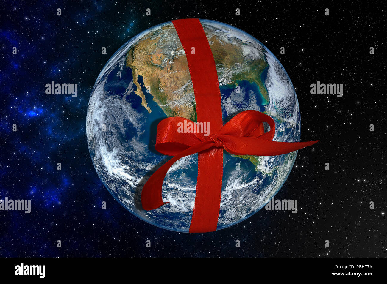 Il Pianeta Terra con nastro rosso in universo stellare - vi do il concetto del mondo Foto Stock