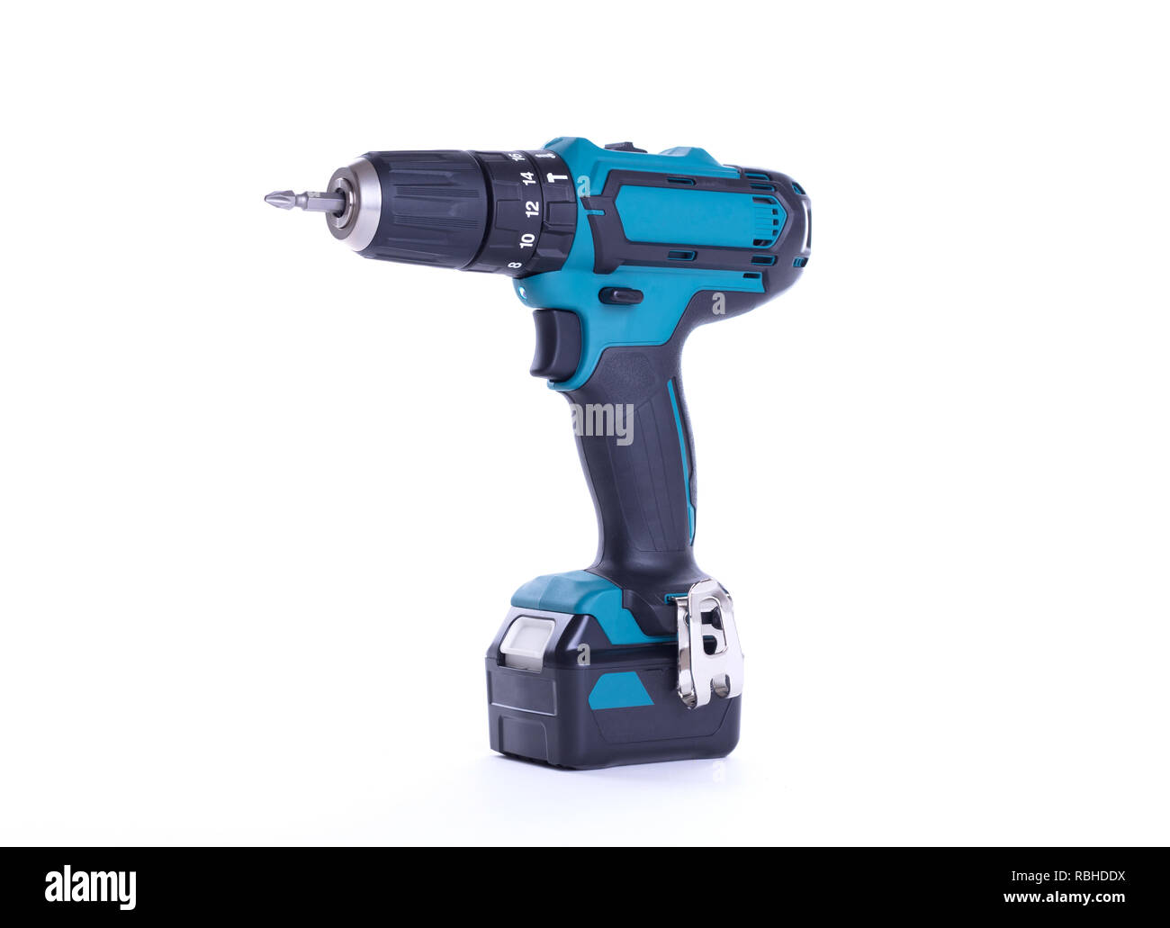 Giraviti a batteria o il trapano elettrico isolato su uno sfondo bianco Foto Stock
