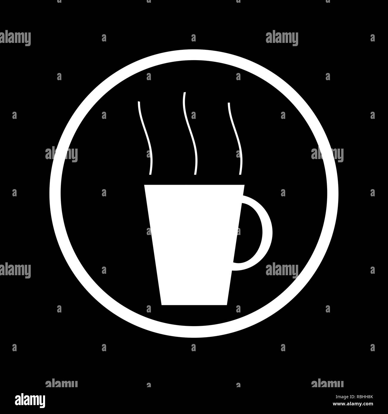 Tazza di caffè bianco con il vapore in un cerchio su sfondo nero. Caffè decorativi illustrazione dello sfondo. Foto Stock