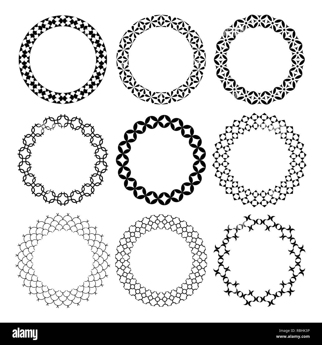 Set di arabo figure geometriche ornamento cornici tonde. Illustrazione Vettoriale