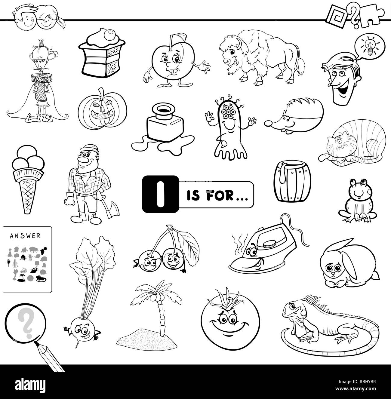 Bianco e Nero Cartoon illustrazione di trovare foto che iniziano con la lettera I Gioco educativo eserciziario per bambini Libro da colorare Illustrazione Vettoriale