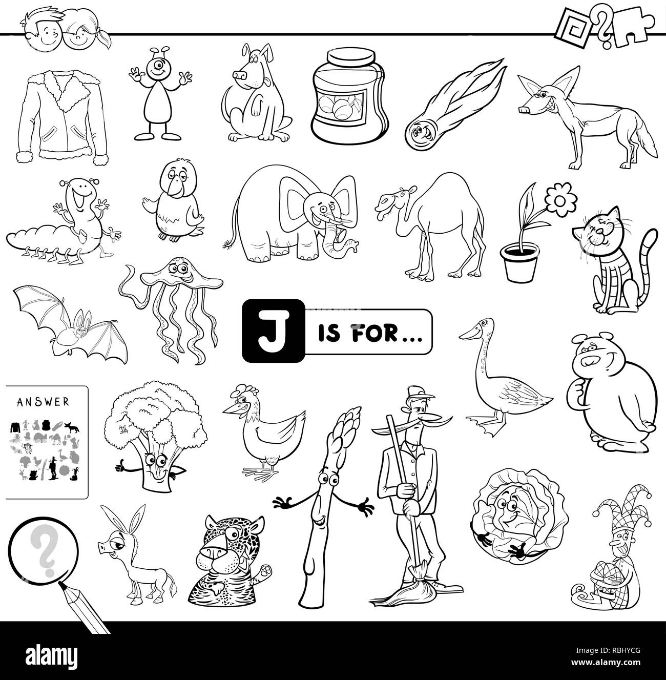 Bianco e Nero Cartoon illustrazione di trovare foto che iniziano con la lettera J Gioco educativo eserciziario per bambini Libro da colorare Illustrazione Vettoriale