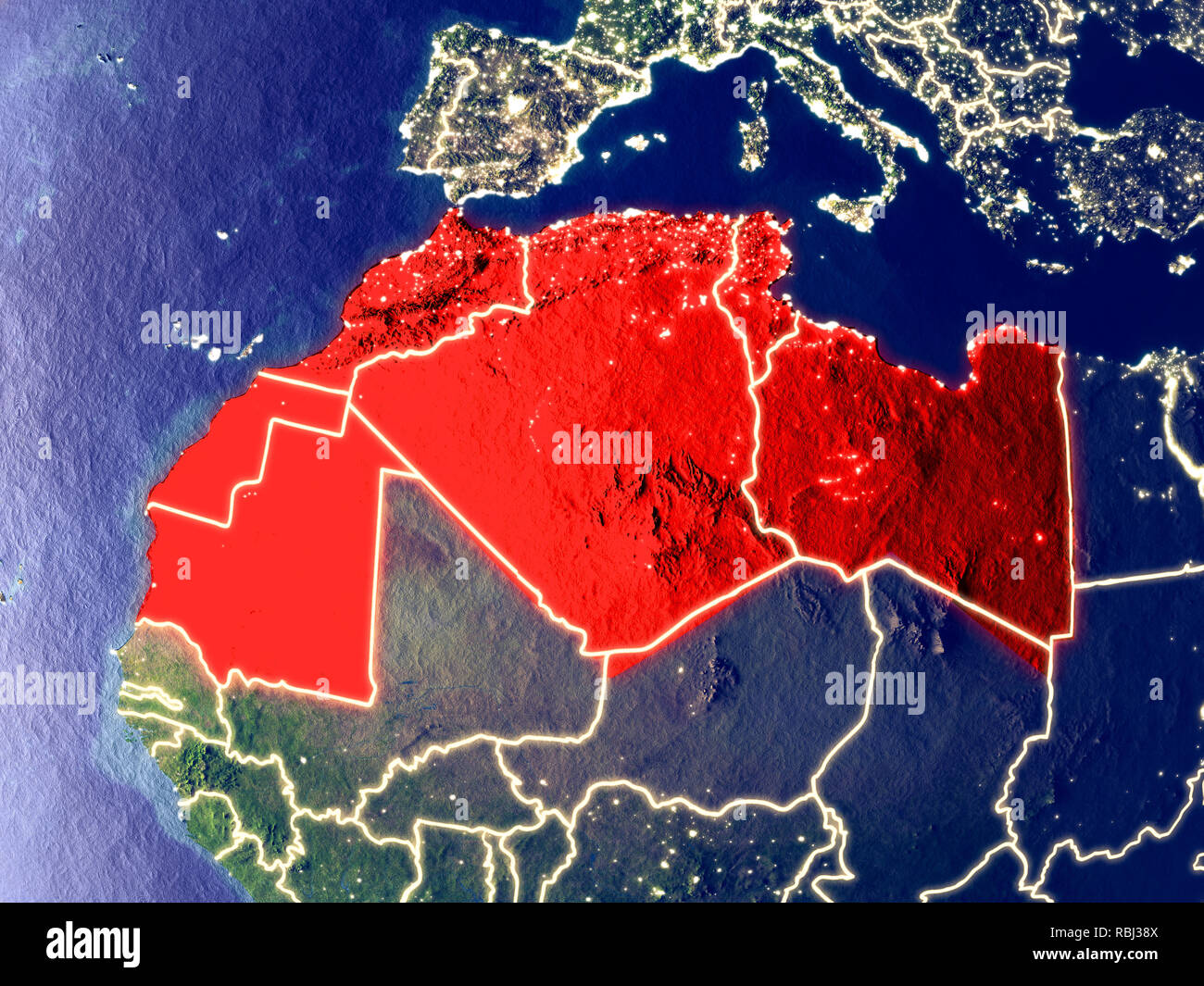 Regione del Maghreb dallo spazio sulla terra di notte. Molto bene i dettagli del pianeta in plastica con superficie luminose luci della citta'. 3D'illustrazione. Gli elementi di questo Foto Stock