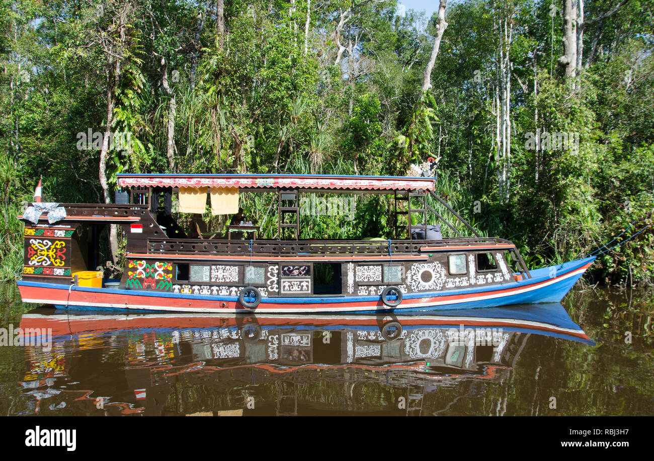 Un dipinto fancifully klotok o houseboat, del Borneo's Sungai Sekonyer river è il trasporto per i turisti desiderosi di vedere orangutan Foto Stock
