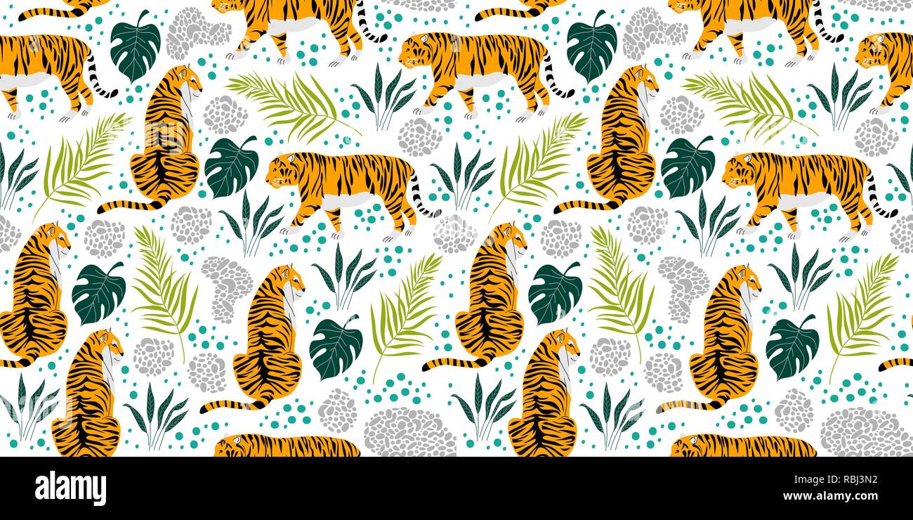 Modello senza soluzione di continuità con il cartoon tigri e foglie tropicali su uno sfondo bianco. Stile alla moda. Illustrazione Vettoriale Illustrazione Vettoriale