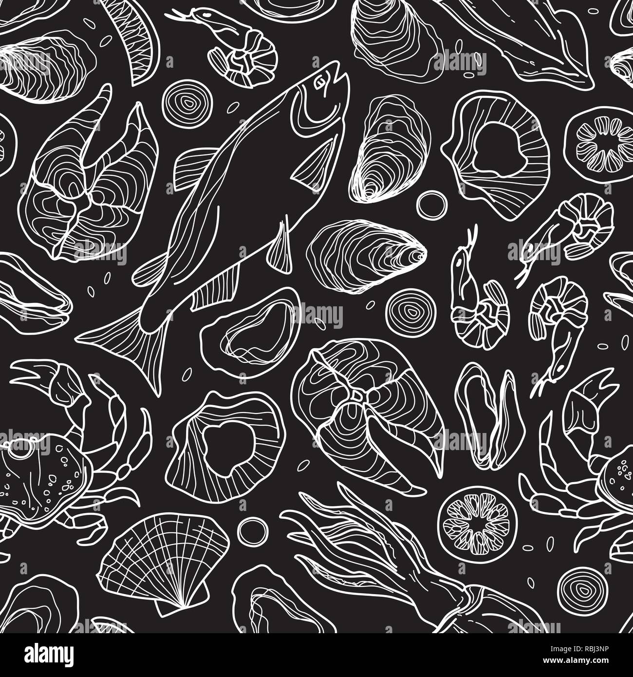 Disegnato a mano senza giunture di frutti di mare Pattern sul nero. Ostriche, pesce, Calamari, Cozze, limone, cipolla. Illustrazione Vettoriale