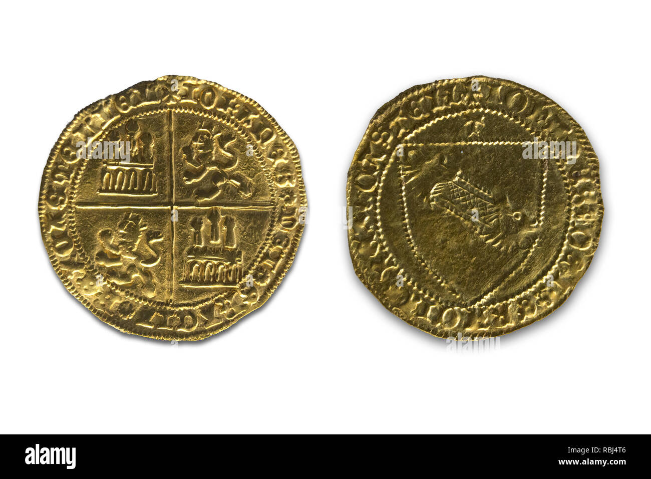 Cordoba, Spagna - Dic 7th, 2018: Giovanni II di Castiglia (1406-1454) moneta in oro. Dobla de la banda. Complementare e retromarcia. Cordoba Museo Archeologico, Spagna Foto Stock