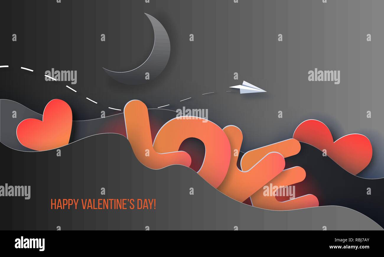 Valentines Day card. Grandi lettere d'amore su sfondo nero. Carta vettoriale arte illustrazione. Carta tagliata e stile di artigianato. Illustrazione Vettoriale