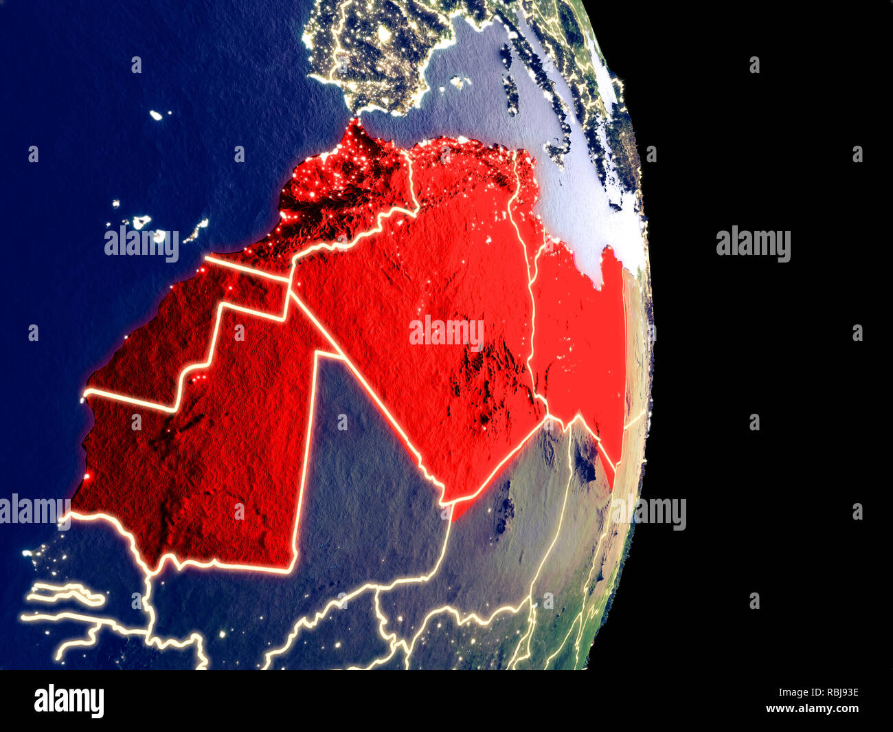 Vista satellitare della regione del Maghreb di notte con visibile luminose luci della citta'. Dettagli estremamente fini del pianeta di plastica superficie. 3D'illustrazione. Eleme Foto Stock