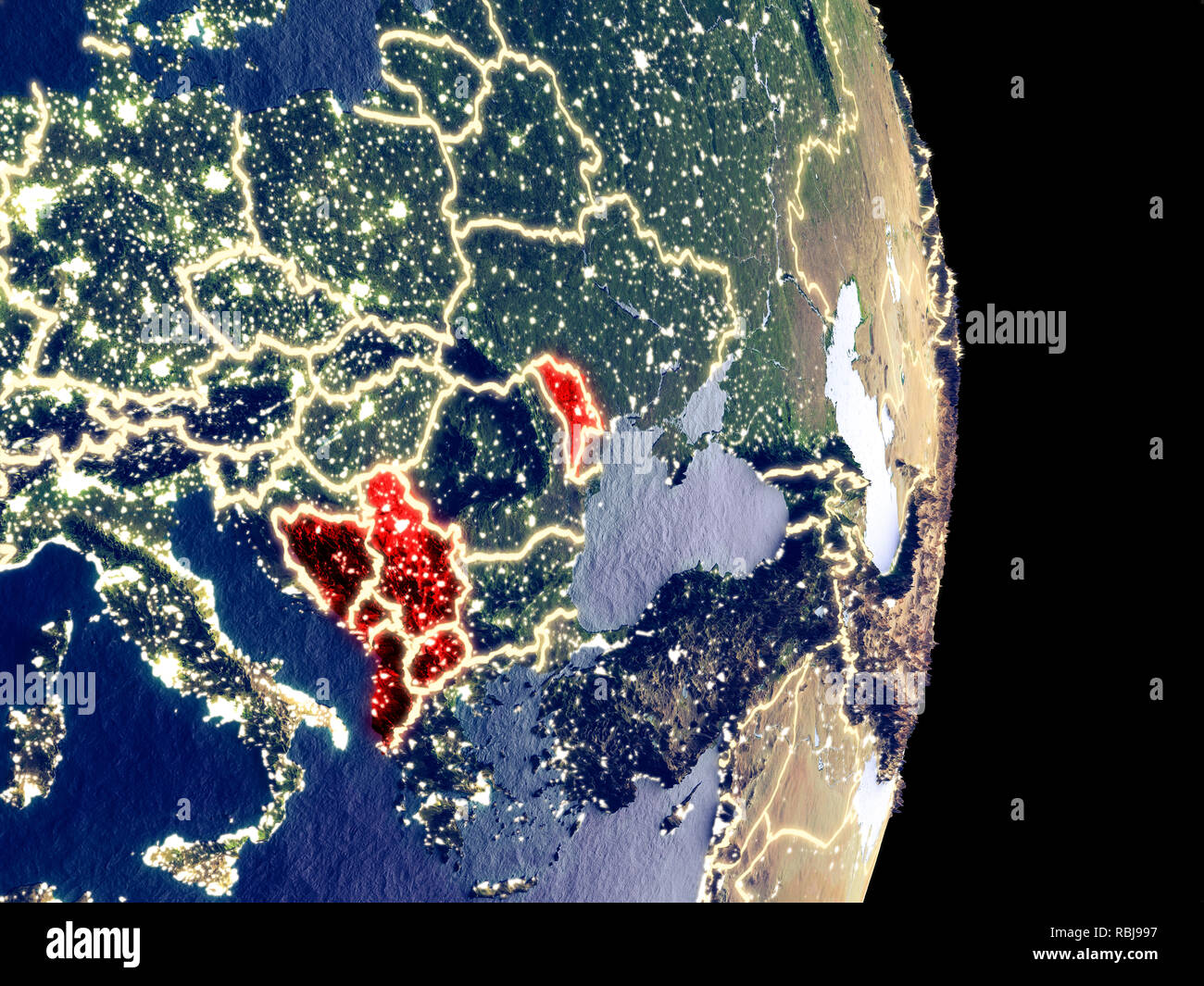 Vista satellitare dei paesi CEFTA di notte con visibile luminose luci della citta'. Dettagli estremamente fini del pianeta di plastica superficie. 3D'illustrazione. Elem Foto Stock