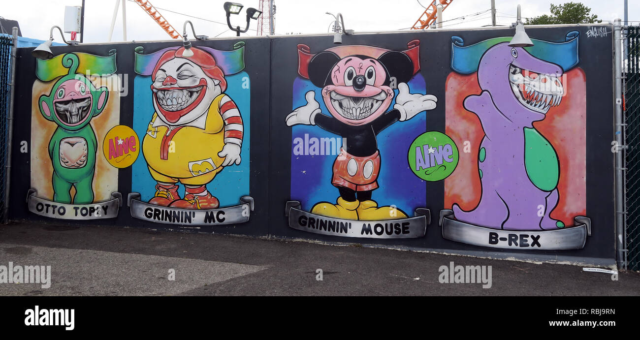Pareti di Coney Arte - Otto Topsy Grinnin Mc, B-REX - Coney Island Mare - Brooklyn, New York, NY, STATI UNITI D'AMERICA Foto Stock
