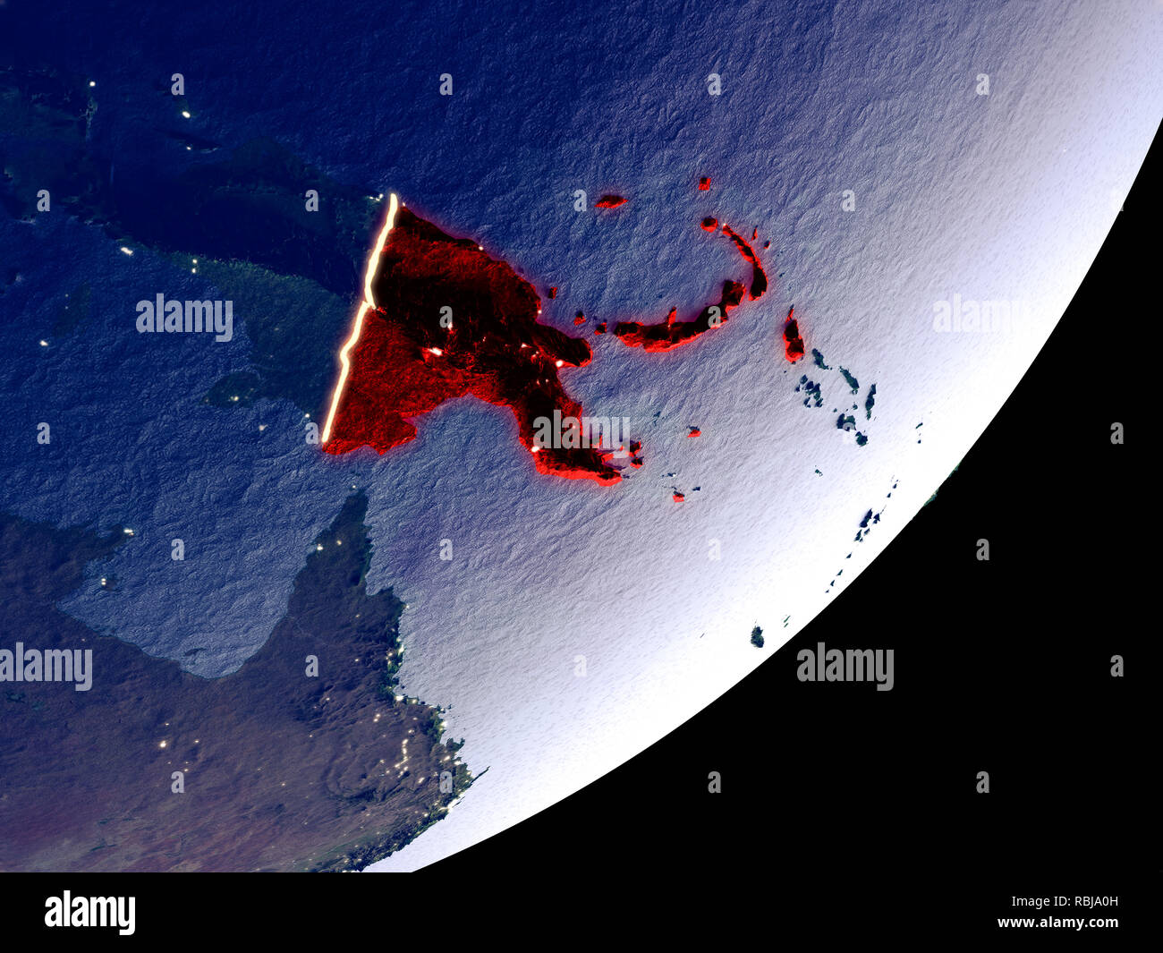 Papua Nuova Guinea da spazio sul modello di terra di notte. Molto bene i dettagli del mondo di plastica della superficie visibile e luminose luci della citta'. 3D illustrazione Foto Stock