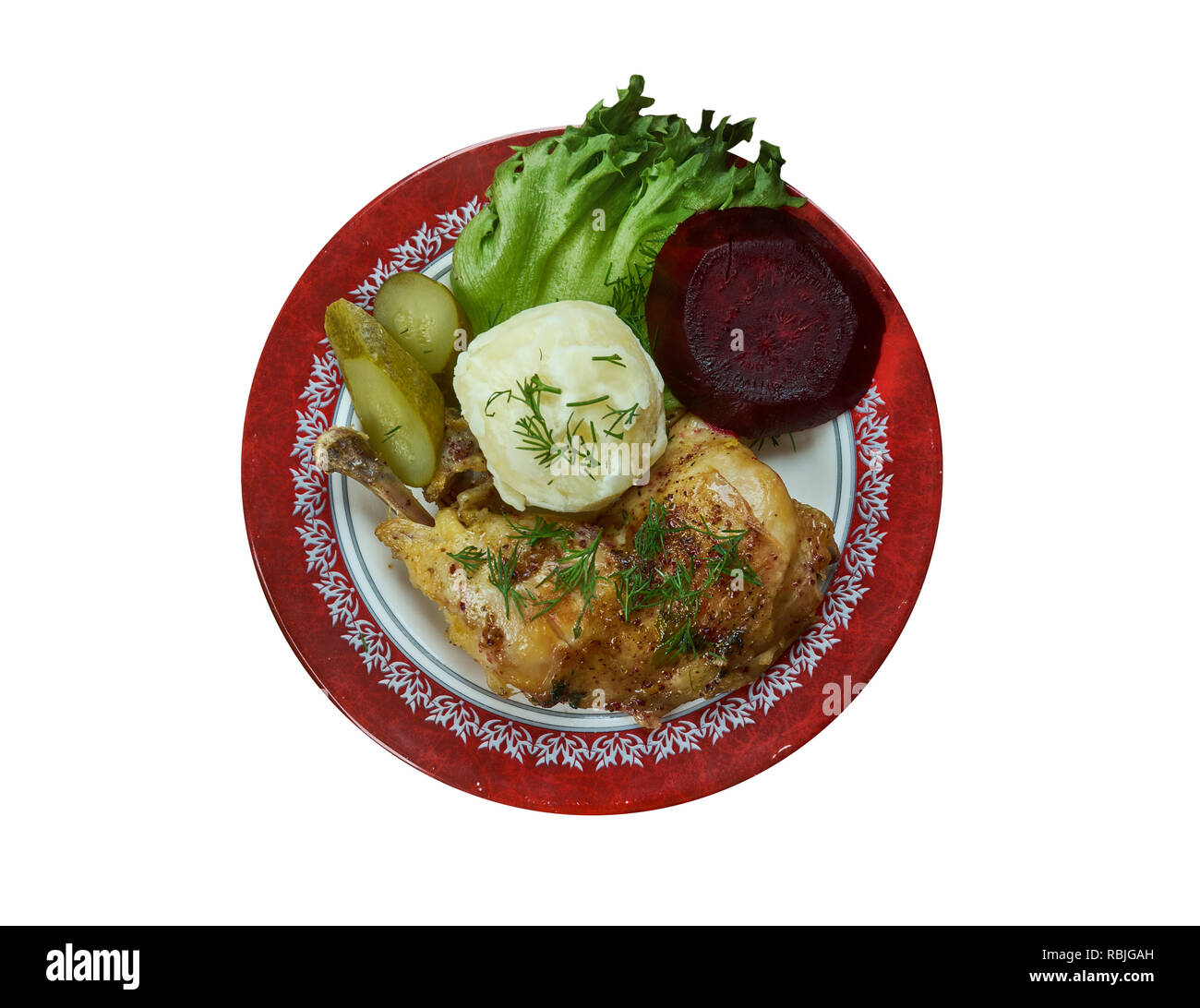 Andesteg, danese natale anatra arrosto, cucina casalinga, tradizionali piatti assortiti, vista dall'alto. Foto Stock