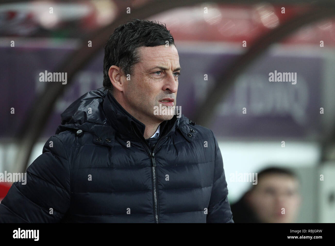 SUNDERLAND, Regno Unito 8gennaio 2019. Sunderland manager Ross Jack durante il Trofeo Checkatrade match tra Sunderland e Newcastle United presso lo stadio di luce, Sunderland il martedì 8 gennaio 2019. (Credit: Mark Fletcher | MI News & Sport Ltd | Alamy Live News) ©MI News & Sport Ltd | Alamy Foto Stock