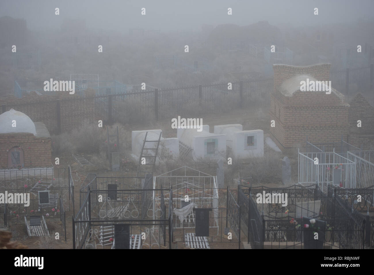 L'antica necropoli Mizdakhan nel Karakalpakstan, Uzbekistan durante foggy inverno meteo. Foto Stock