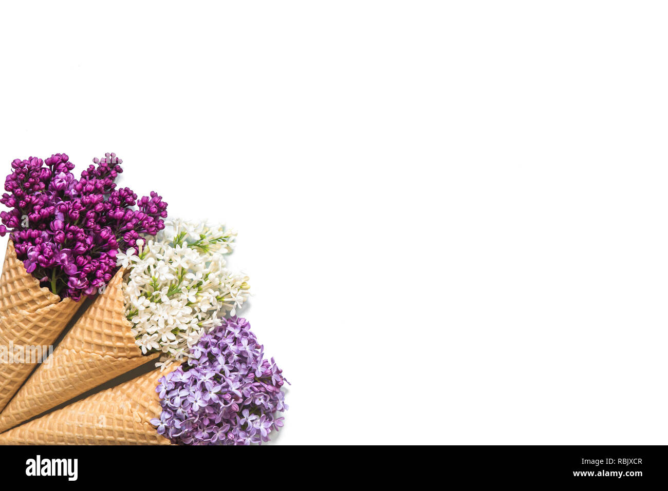 Coni gelato con colorati fiori lilla isolati su sfondo bianco. vista superiore. laici piatta Foto Stock